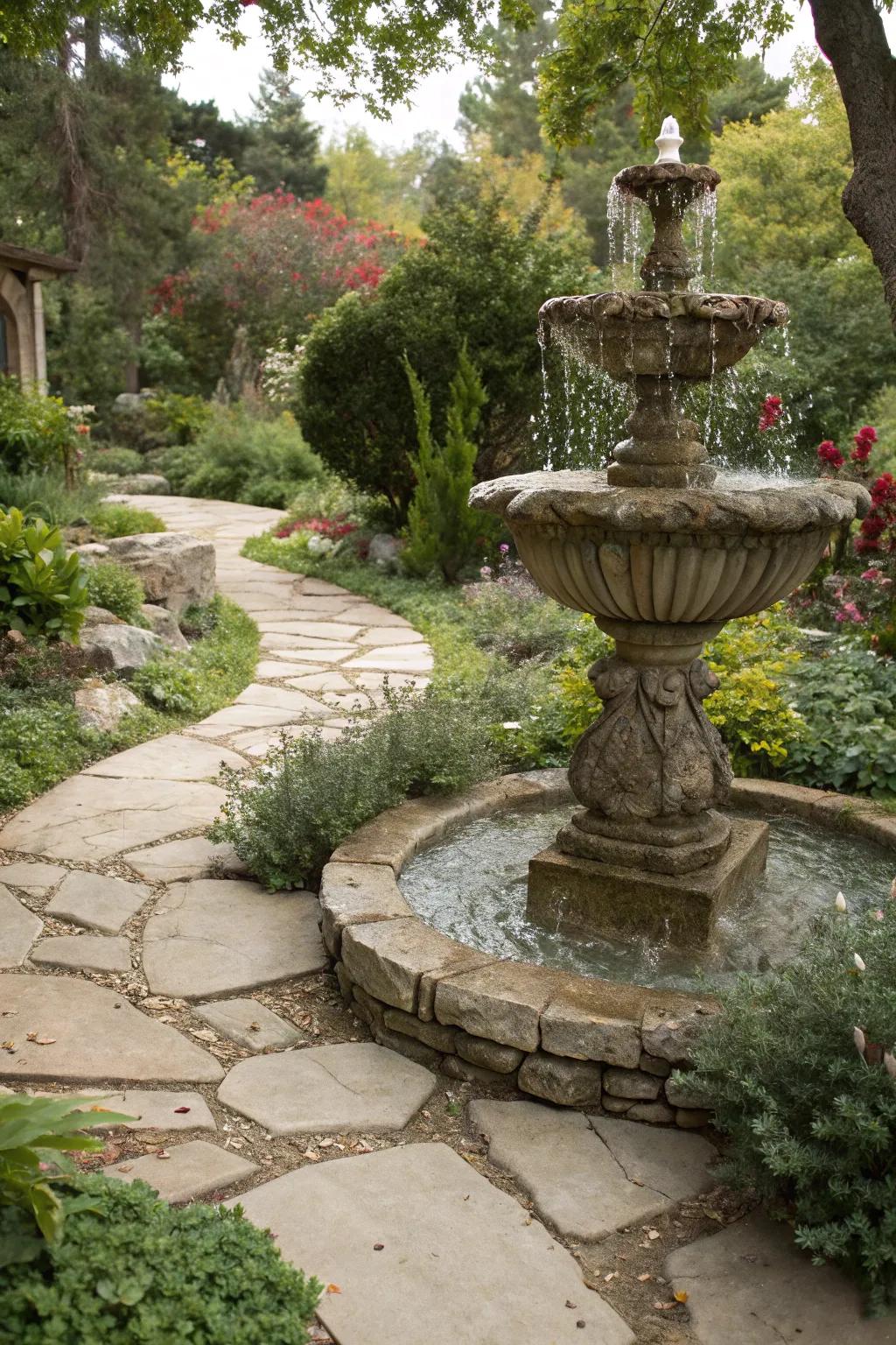 A molded rock cascade harmoniously integrating into the garden panorama.
