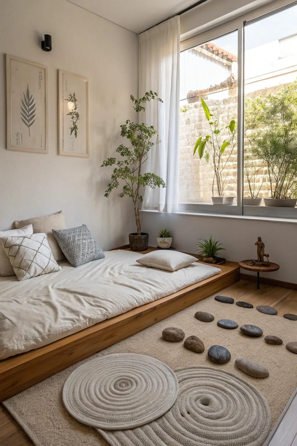 A zen garden recess provides a space for reflection and peace.