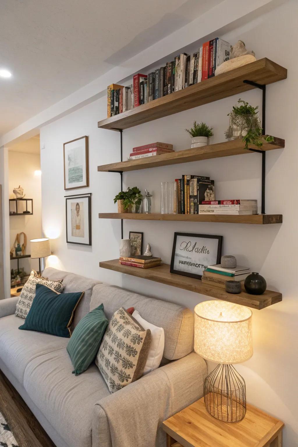 Free-floating shelves proffer style and storage without encumbrance.