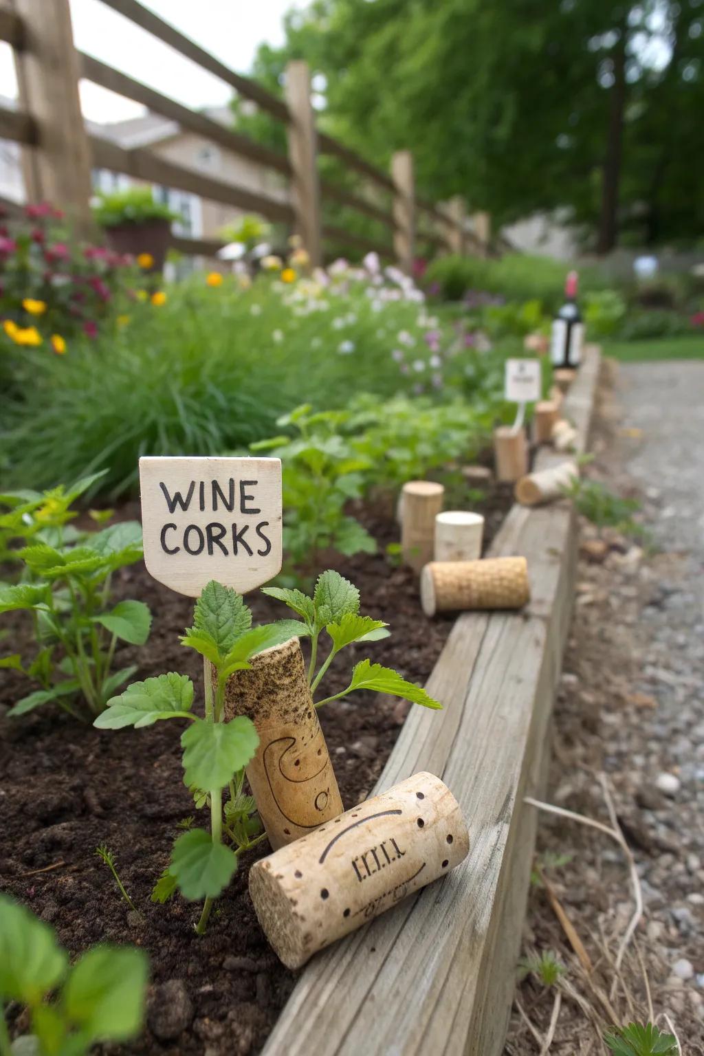 Vino stoppers appending a rustic impression as vegetation markers.