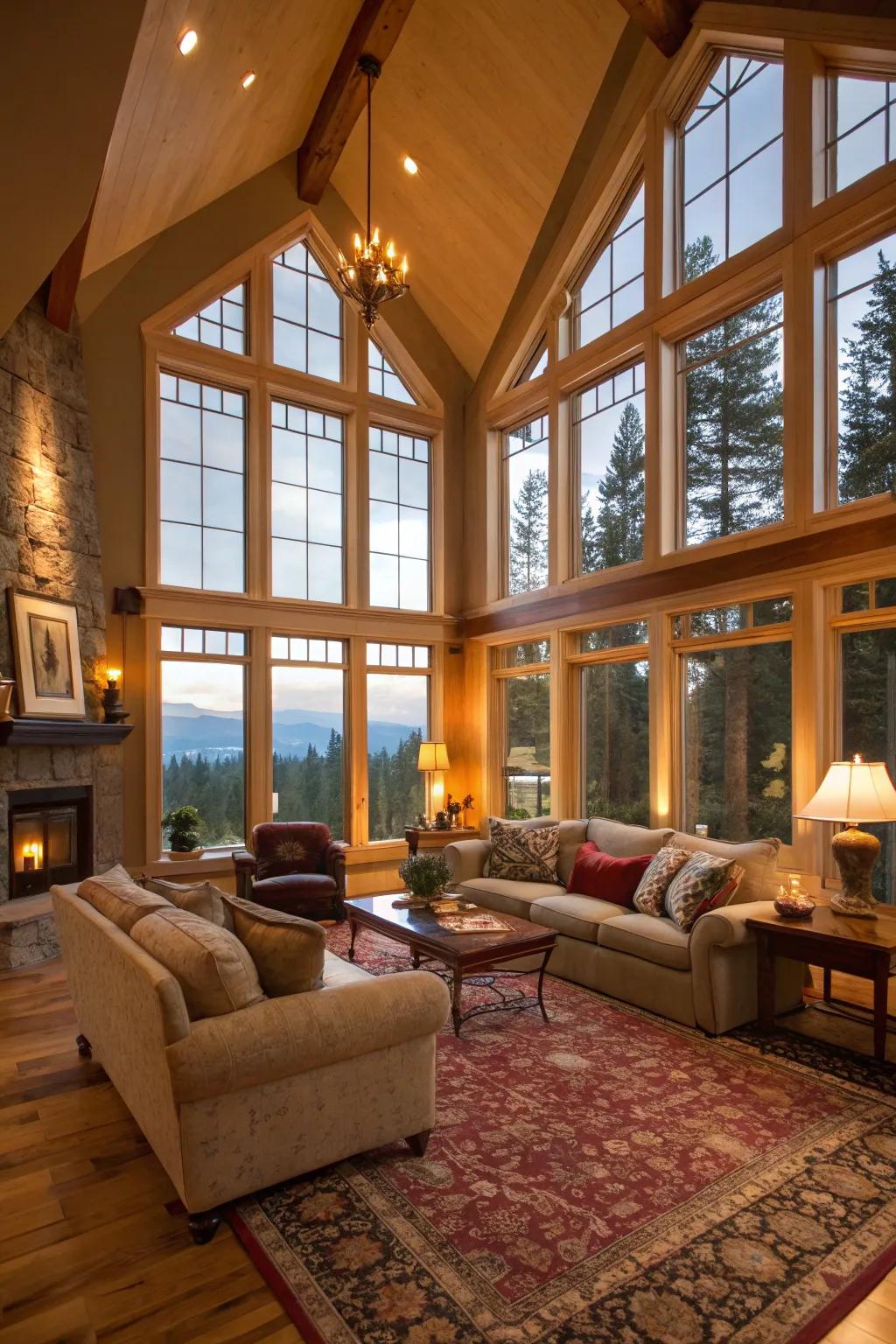 Delicate upholstery enhances warmth and comfort in the great room.