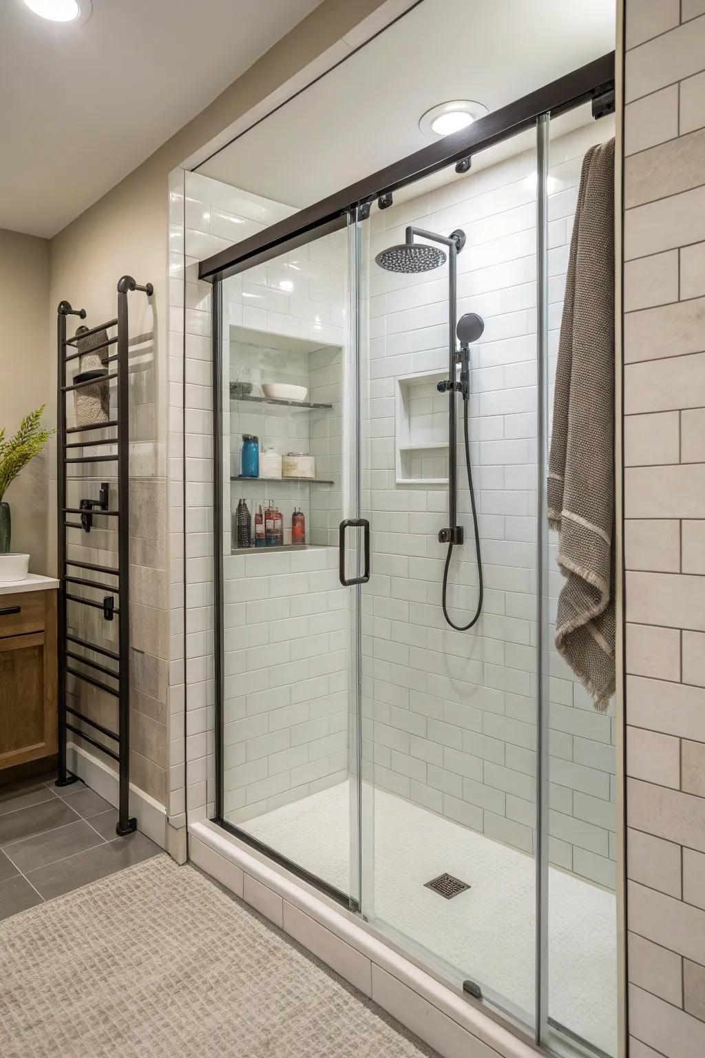 Gliding panels proffer pragmatic functionality within compact shower designs.