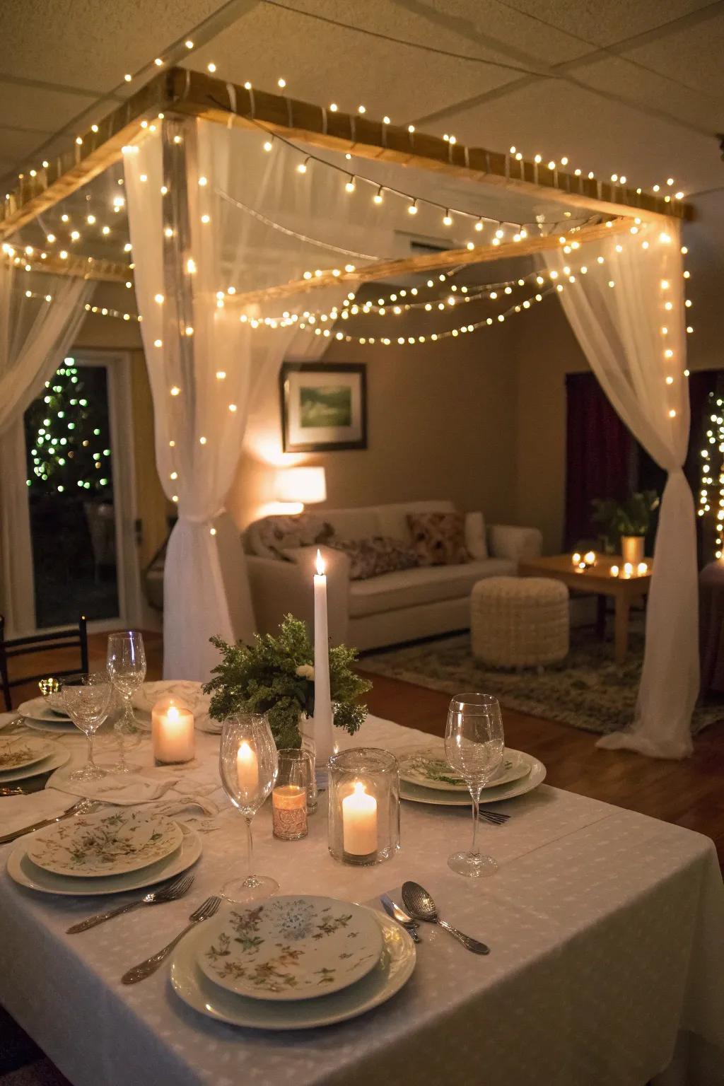 An indoor fairy light canopy that creates a magical dinner setting.