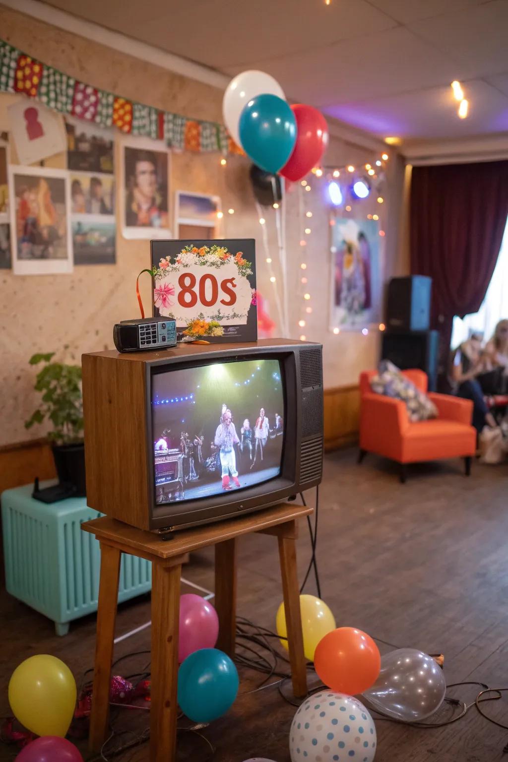 A vintage TV display incorporates an authentic accent to your 80s theme celebration.