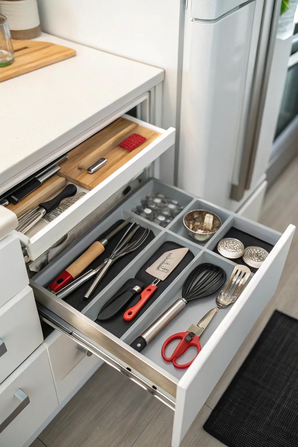 A retractable shelf above the fridge for convenient storage.