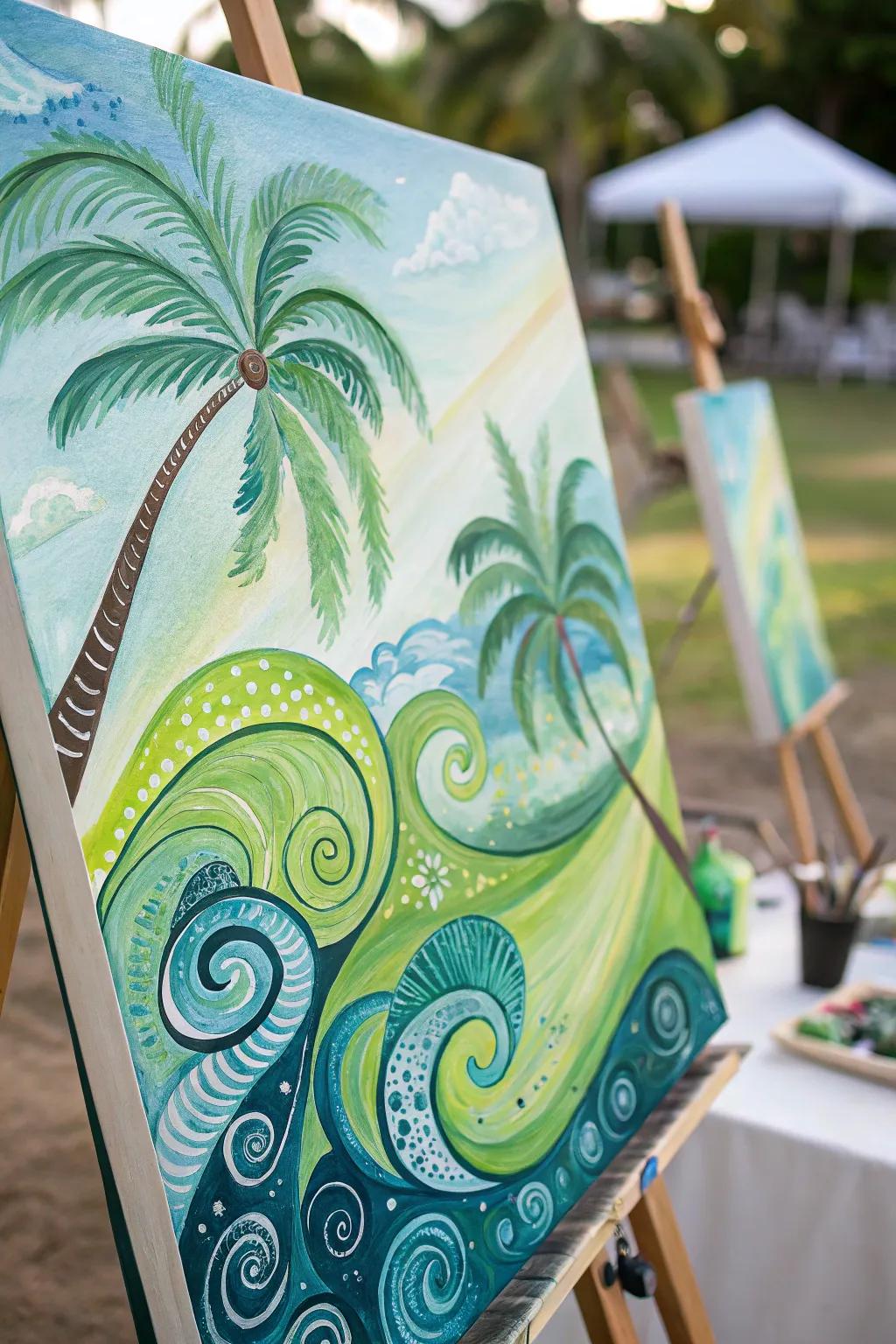 An abstract watercolor with tropical themes.