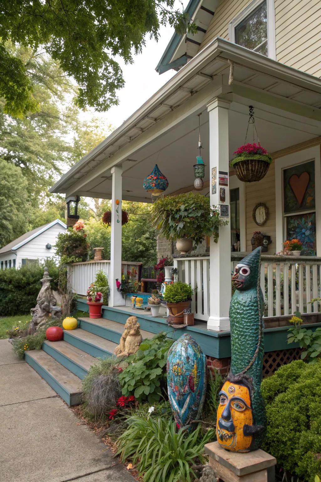 A porch showcasing distinctive art that captivates viewers.