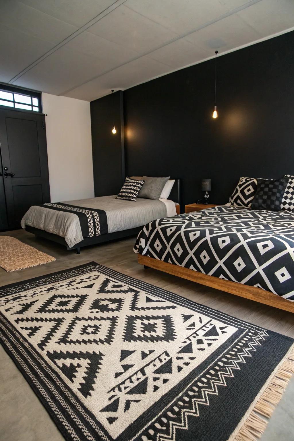 A black bedroom featuring geometric patterned rugs and bedding.