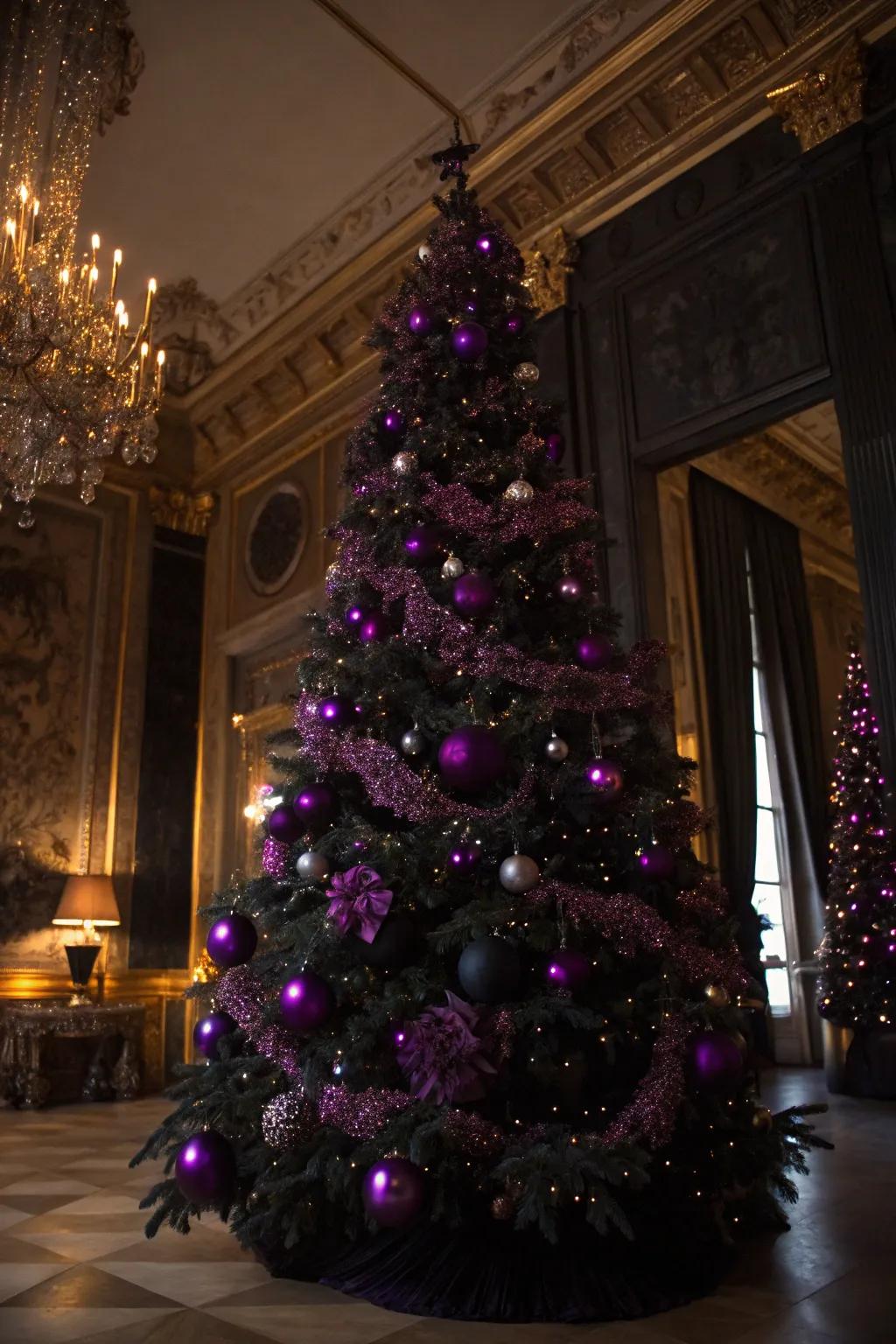 A dramatic Christmas tree displaying striking hues for a theatrical flourish.
