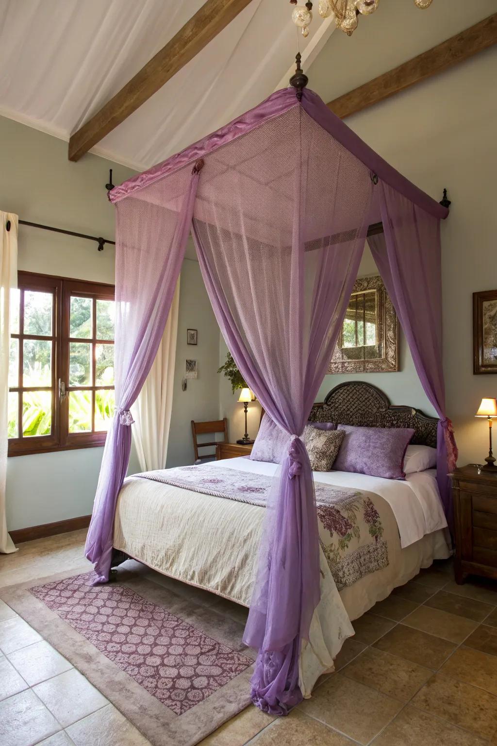 Dream beneath an opulent violet canopy.