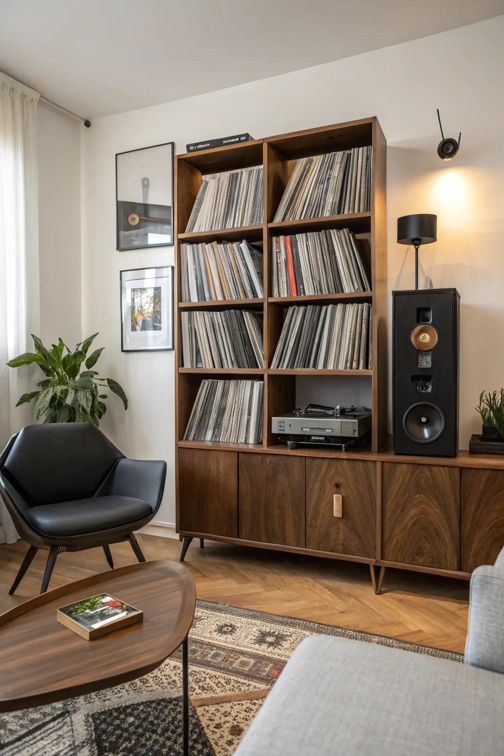 An expandable bookcase that allows for a growing collection of vinyl records.