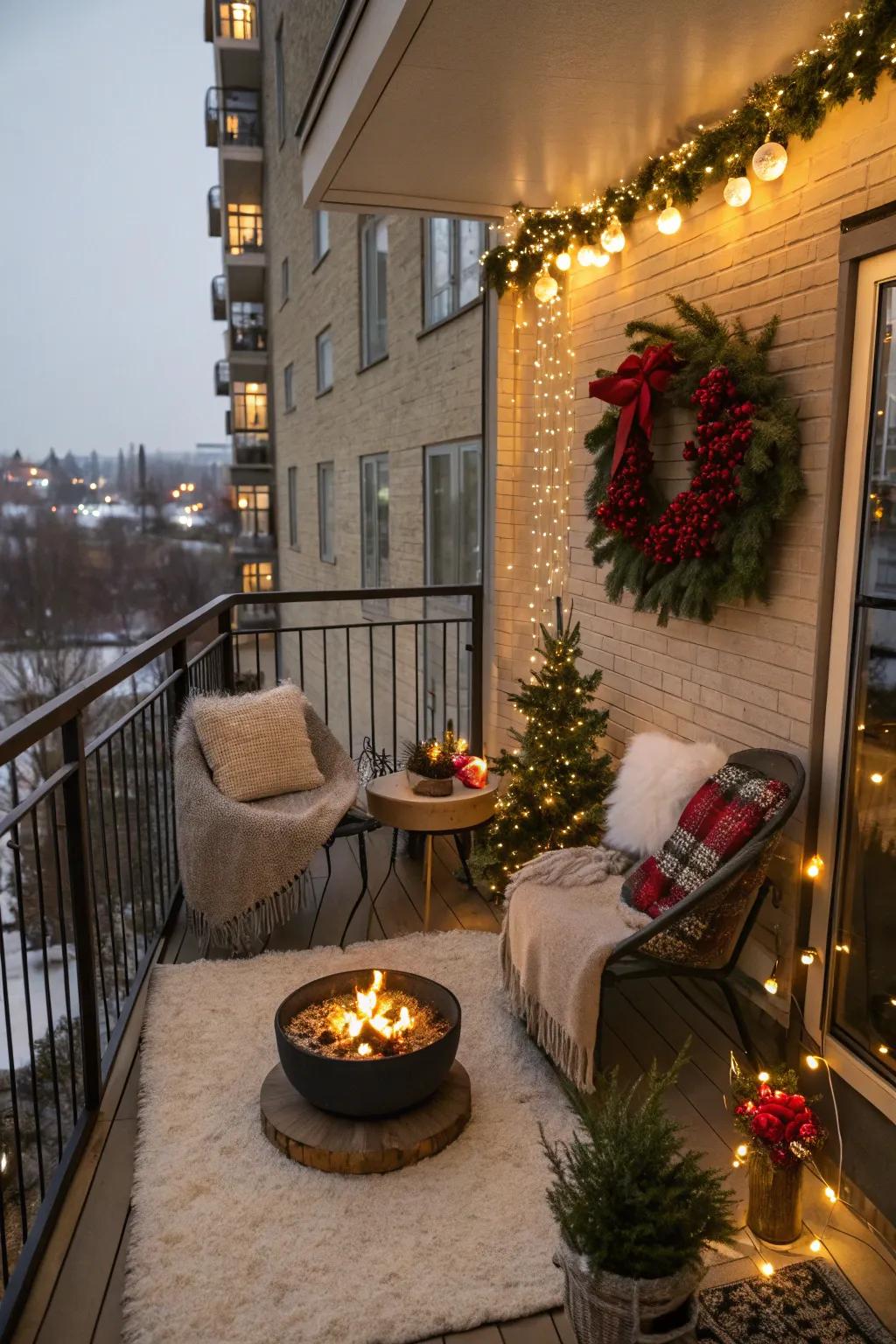 A brazier appends warmth and coziness to this festive veranda.