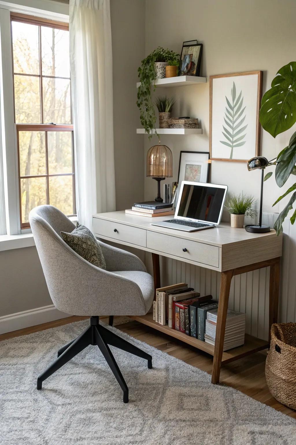 A stylish home office nook smoothly integrated into the living space.