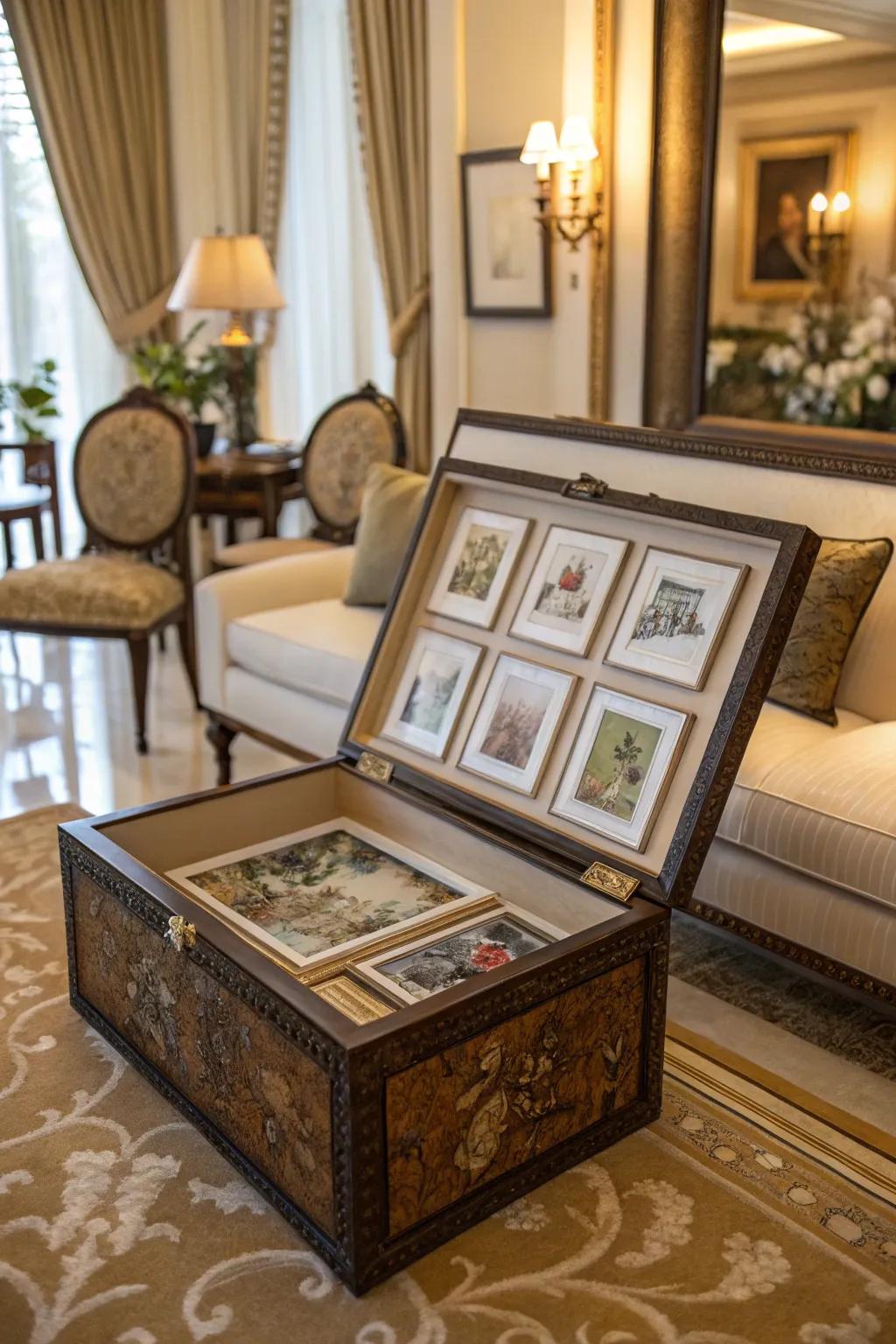 Art prints stored and displayed in a chic decorative box.