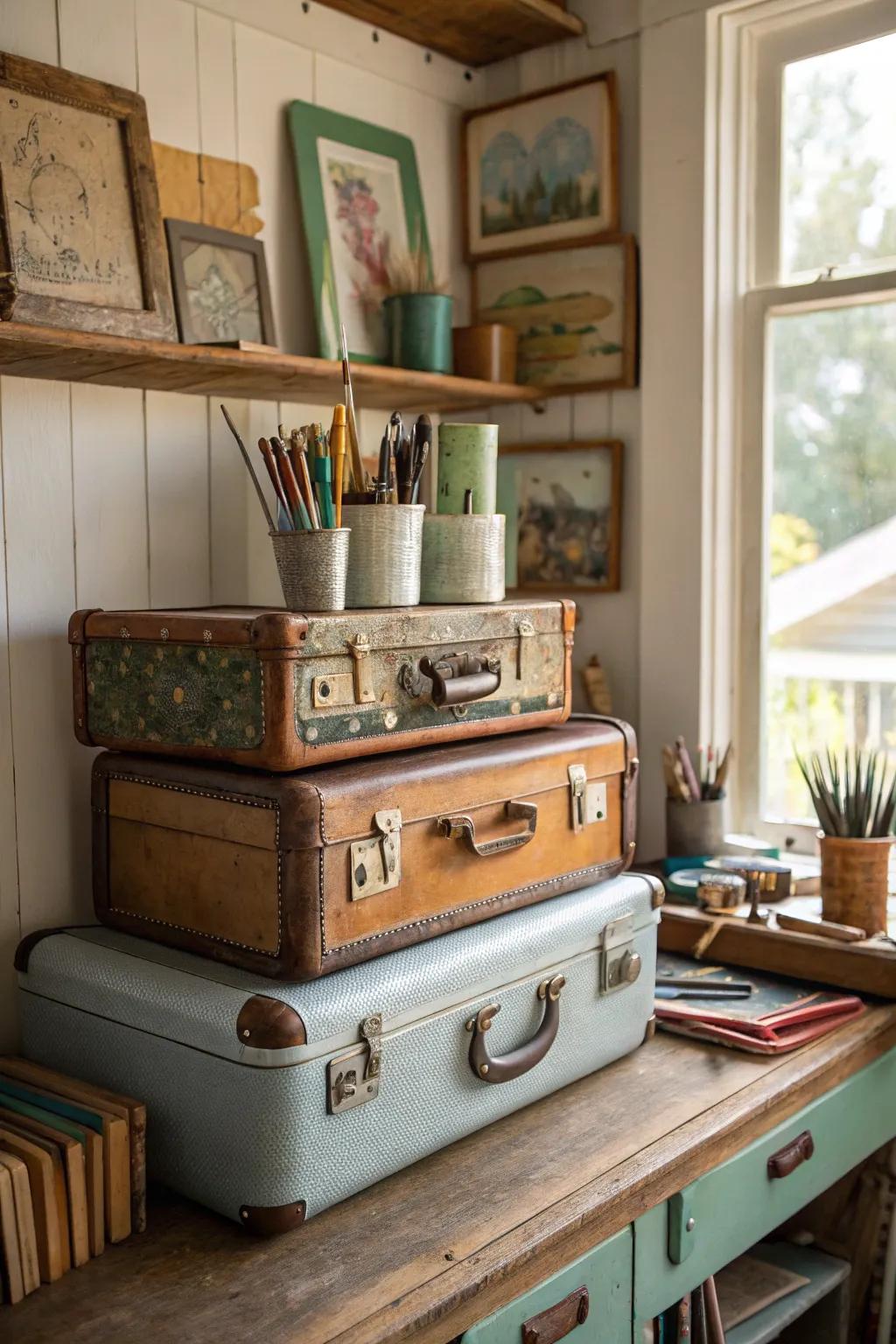 Vintage suitcases add character to your art storage solutions.