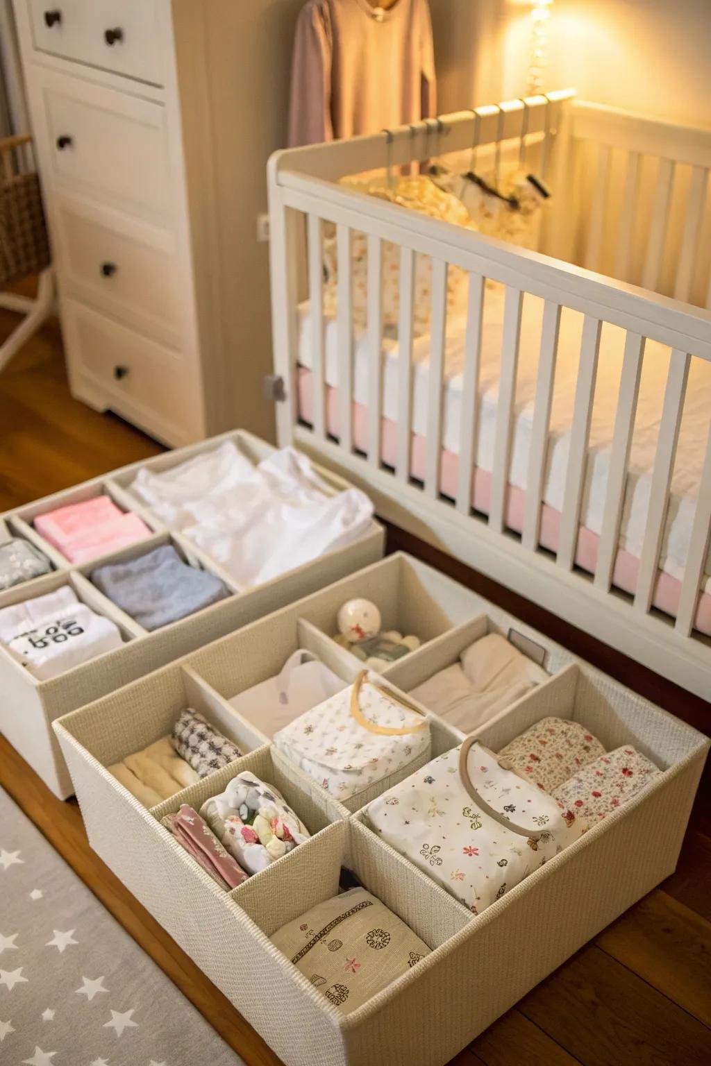 Beneath-cot storage optimizes the utilization of unoccupied space for infant apparel.