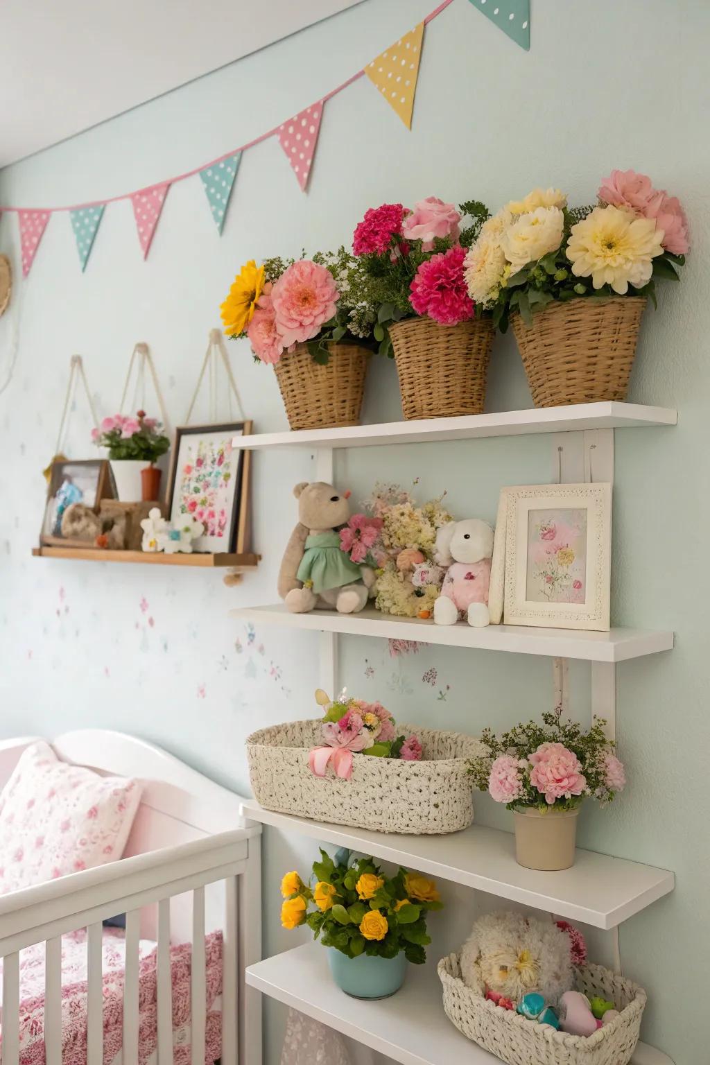 Wall ledges stylishly display blossom-themed decor.