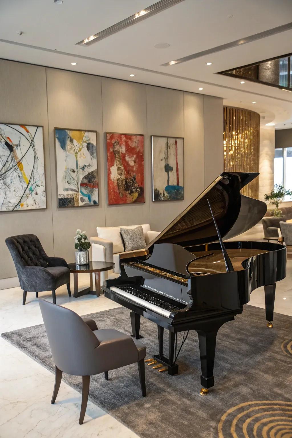 Modern elements establish a contemporary vibe around the piano.