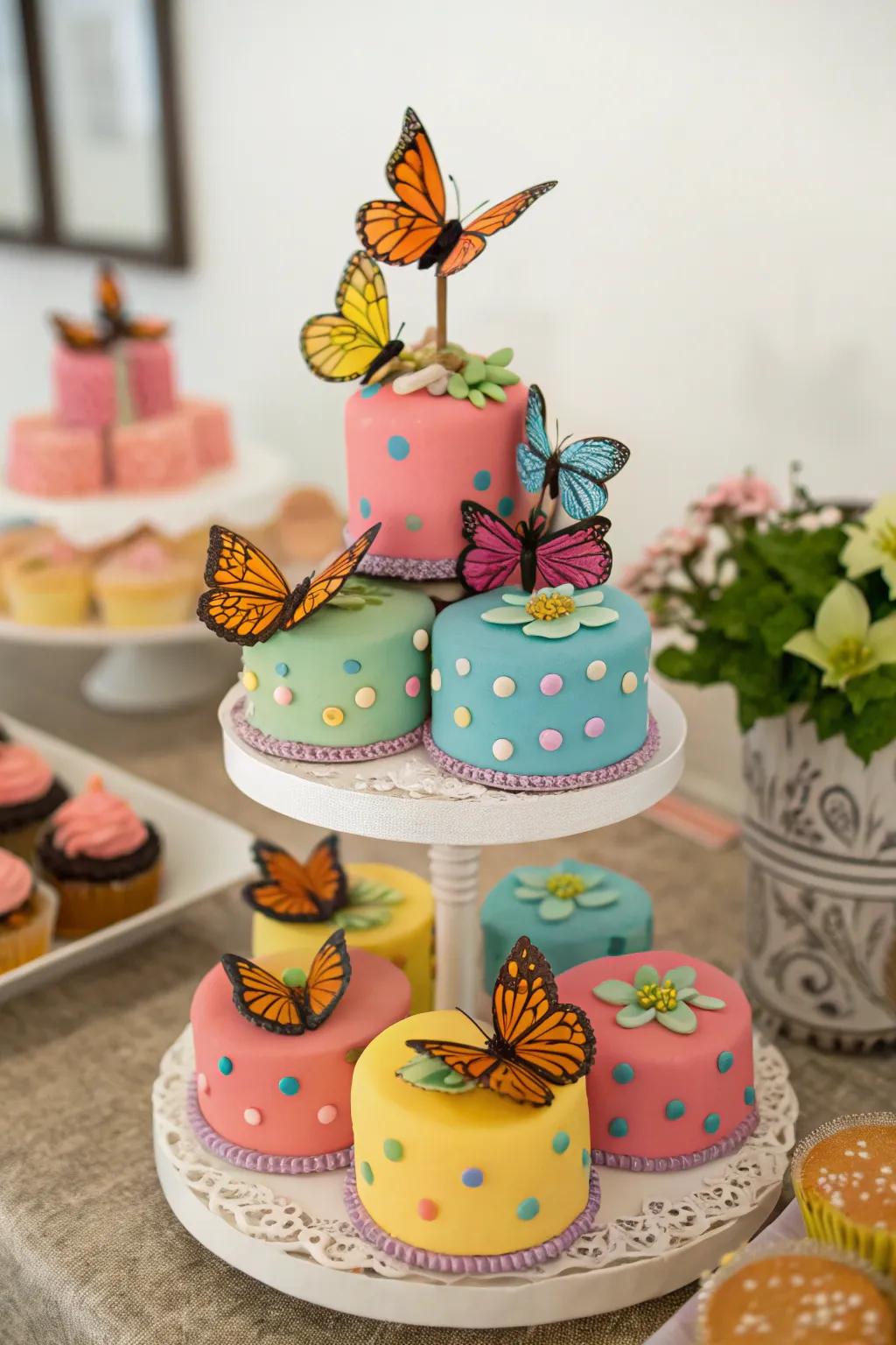 Miniature cakes adorned with butterflies, emblematic of an exquisite indulgence.