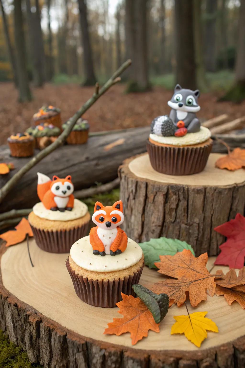 Woodland creature cupcakes infuse charm into a rustic-themed shower.