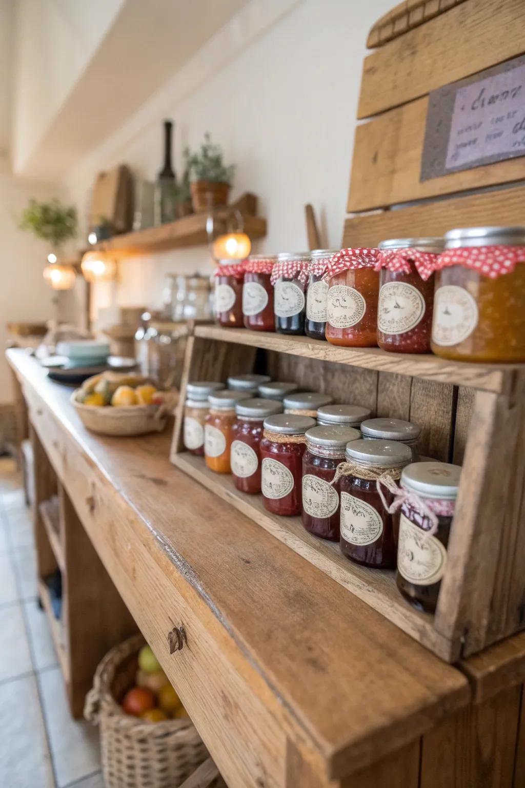 Handmade preserve containers add a personal and sweet touch.