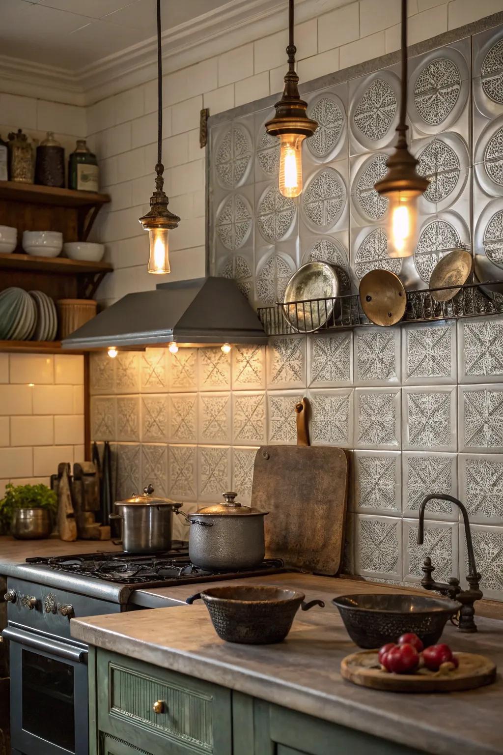 Retro metal tiles extend a nostalgic and metallic charm.