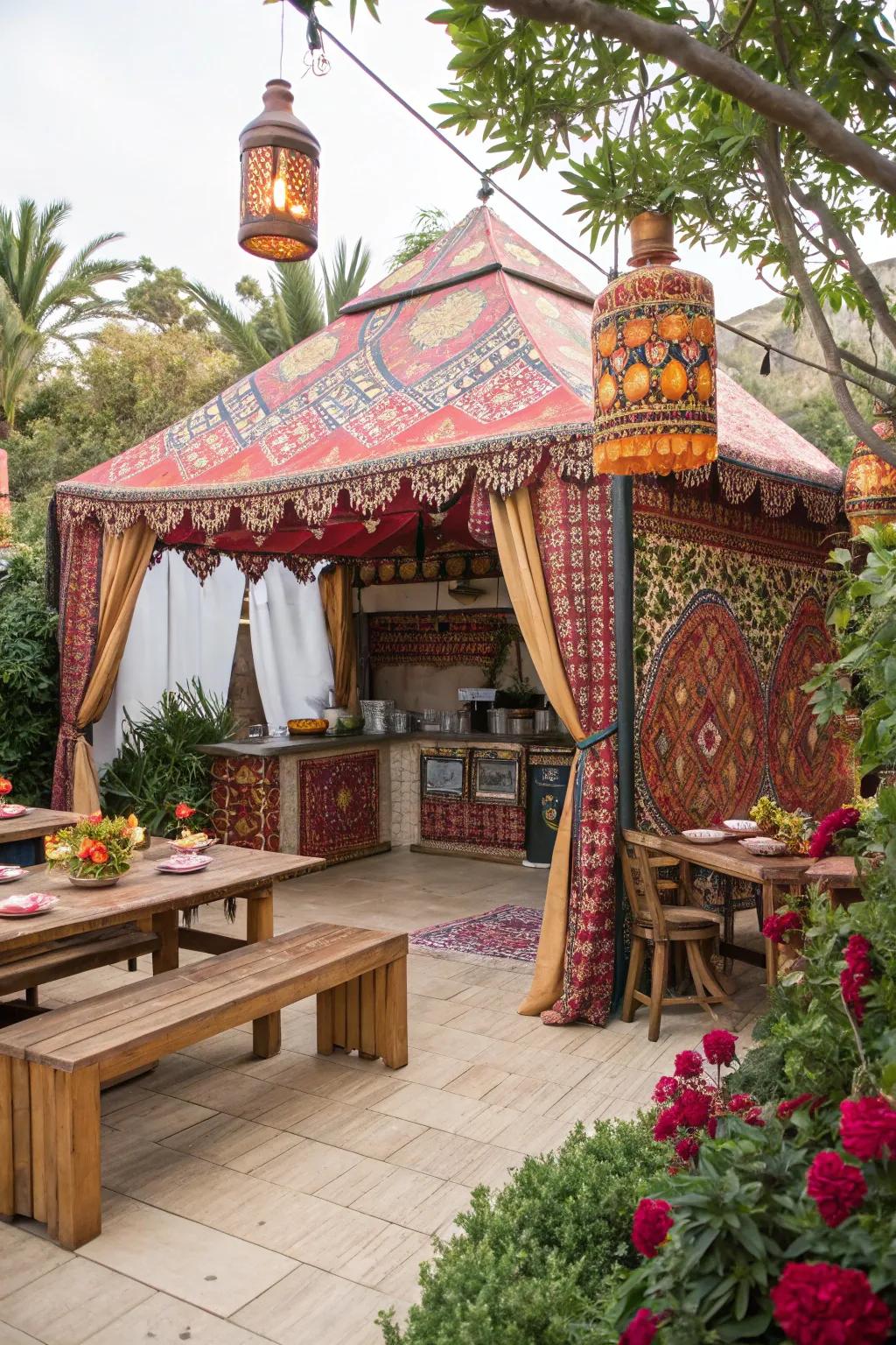 A Moroccan tent incorporates an exotic and colorful flair into your outdoor kitchen.