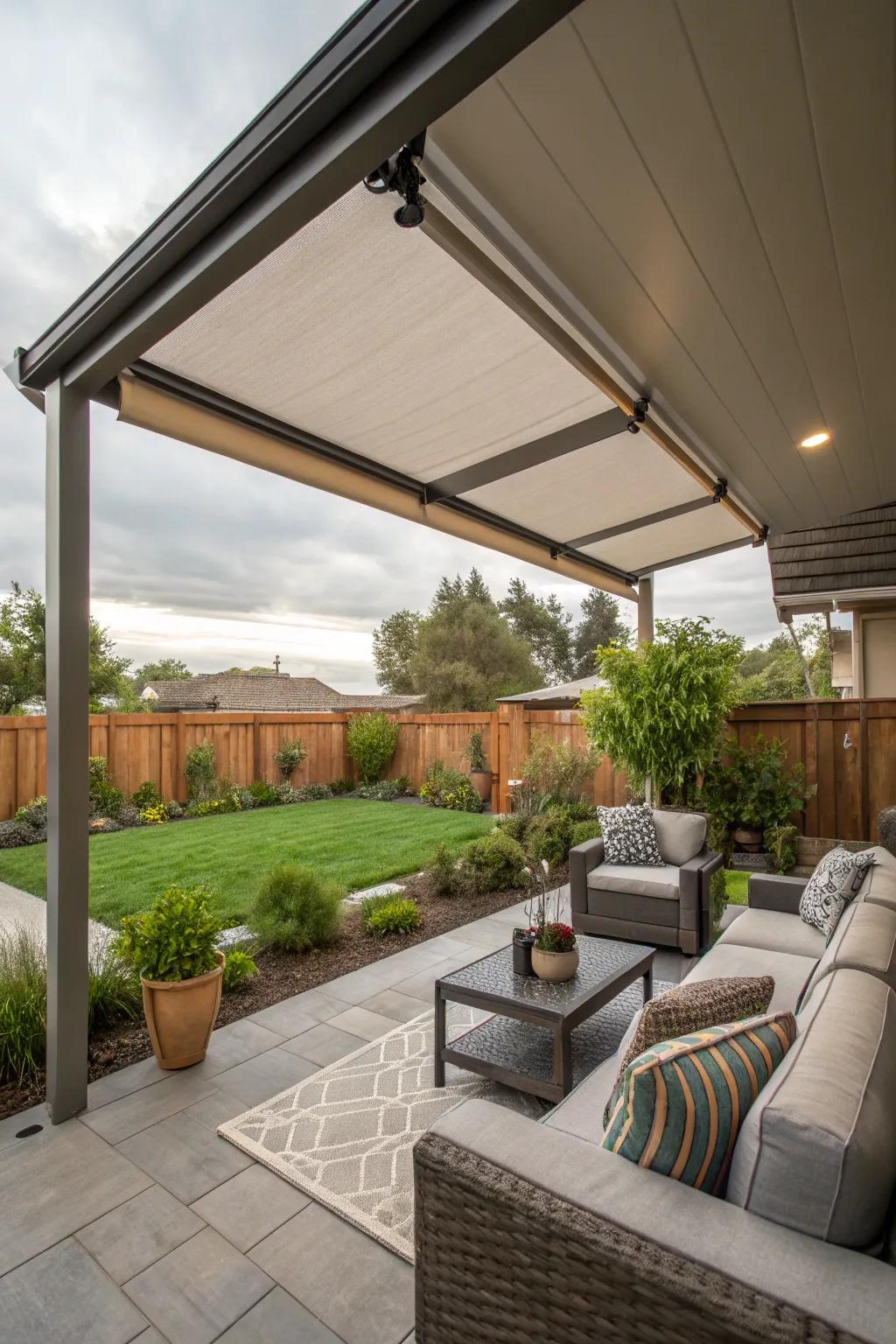 Retractile umbrage furnishing adaptable solar safeguarding within a patio.