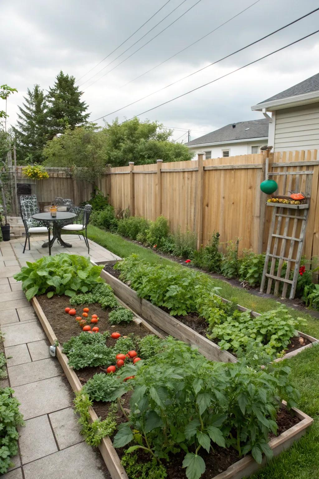 A herb or vegetable garden contributes both freshness and functionality.