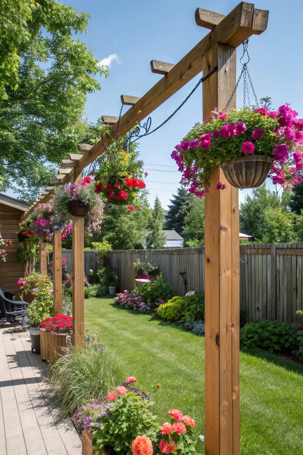 Fashion a standing floral presentation with hanging container supports.