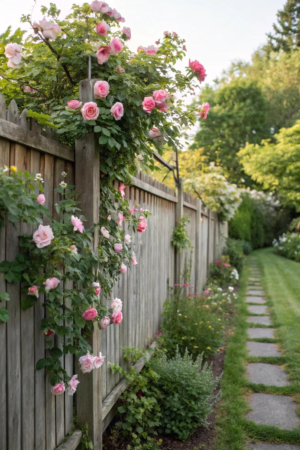 Ascending roses establish an attractive, perfumed barrier.