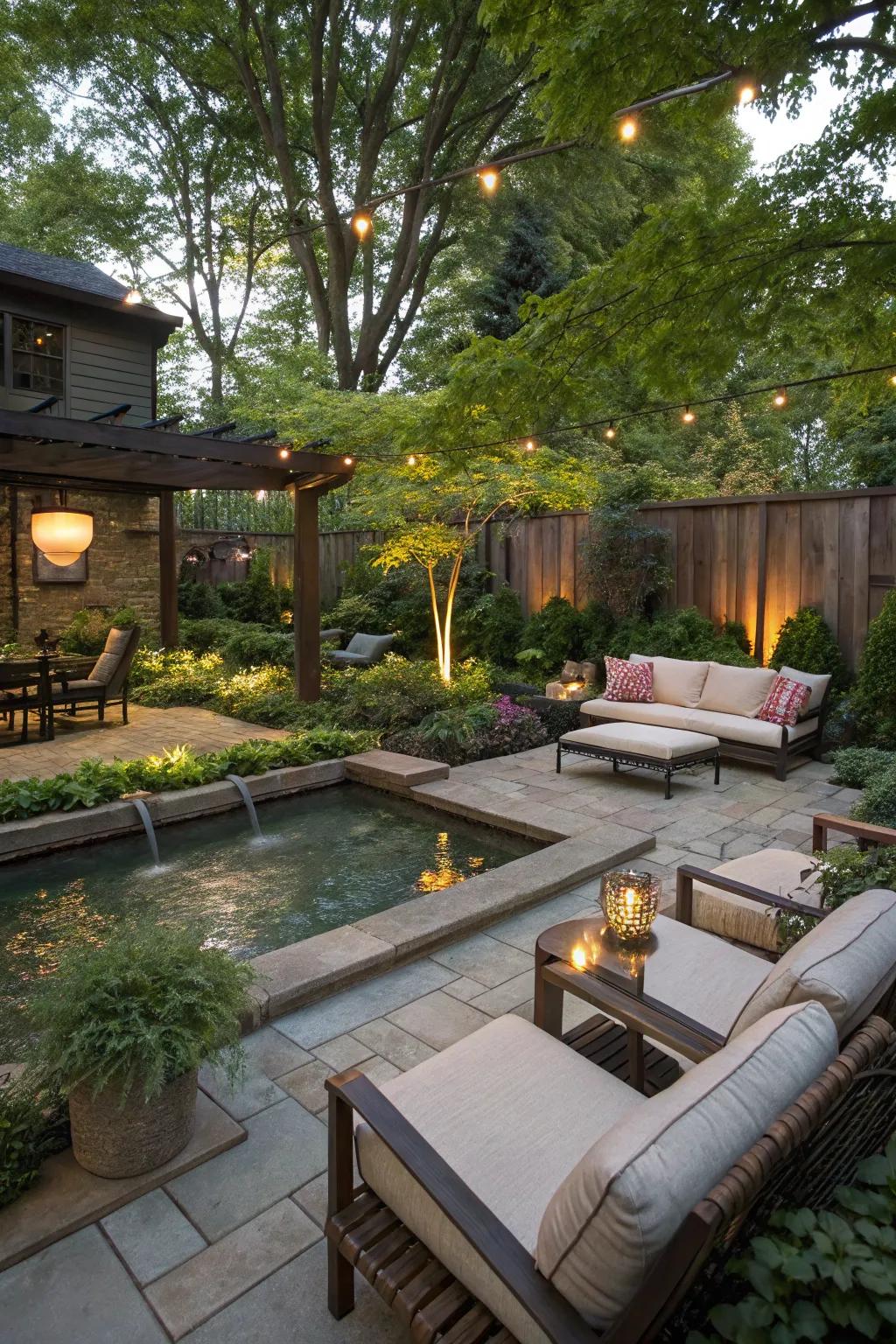 An aquatic feature adds tranquility and focus.