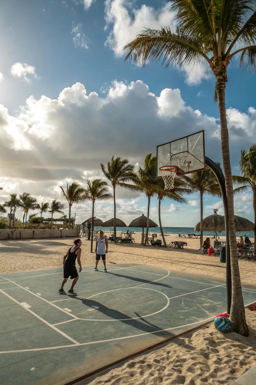 Merge sun, sand, and activity by means of a beachside basketball court.