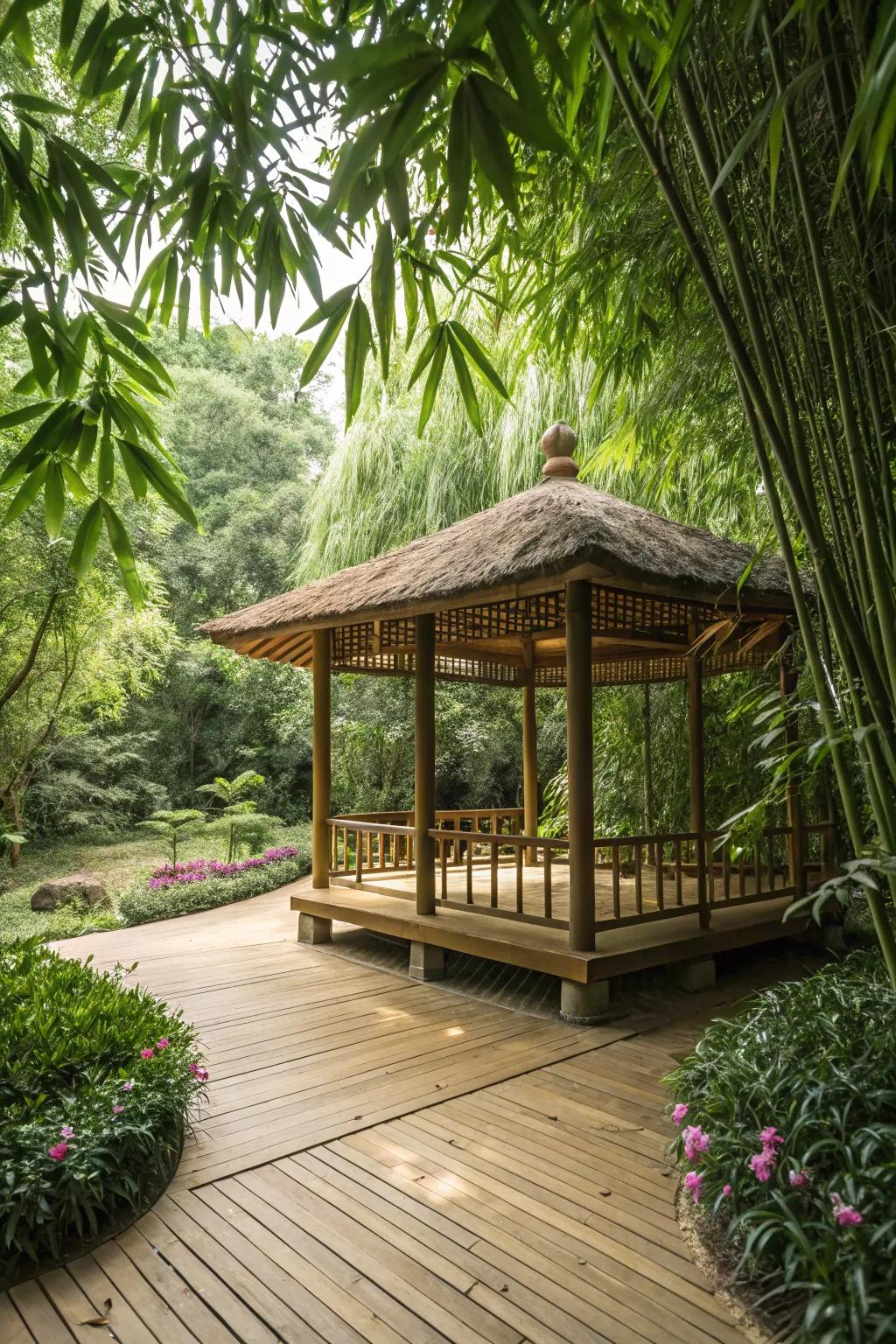 A bamboo pavilion serving as a serene garden retreat.