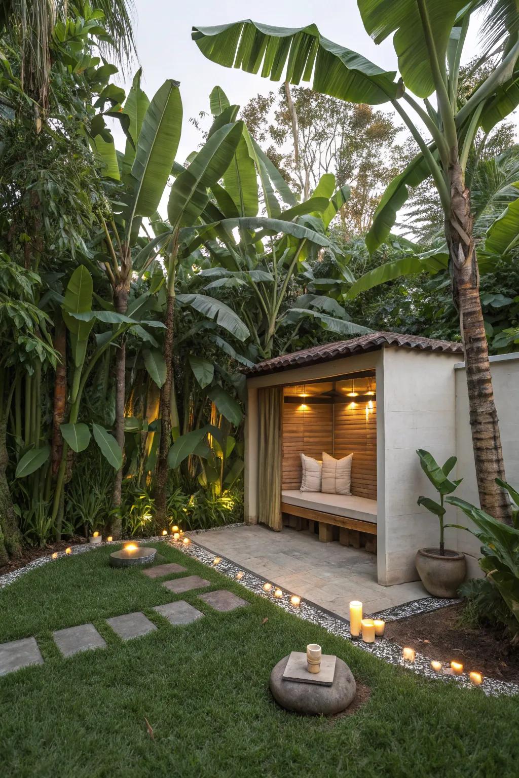 Discover peace within a reflection haven encircled by banana trees.