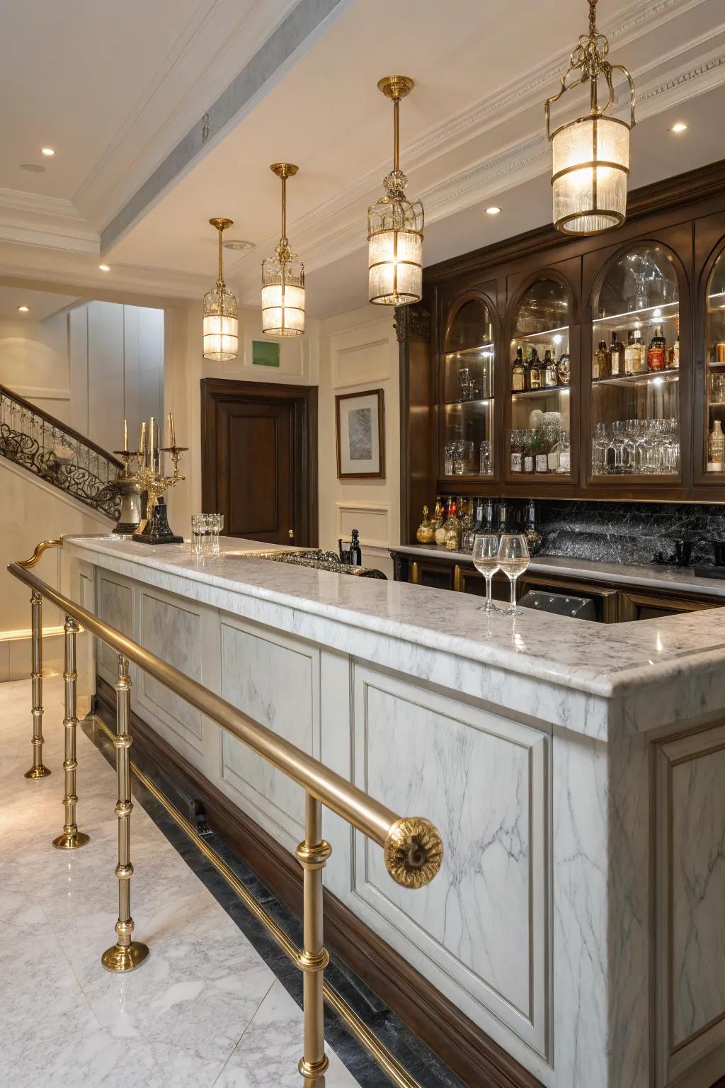 Luxurious marble and metallic foot rail for a grand bar.