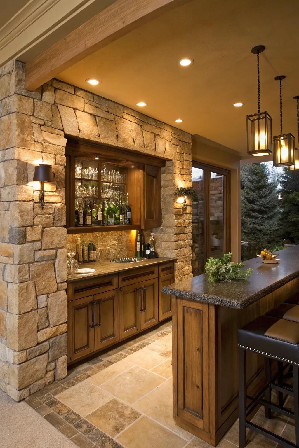 Natural stone panels lend an earthy vibe and elegance.