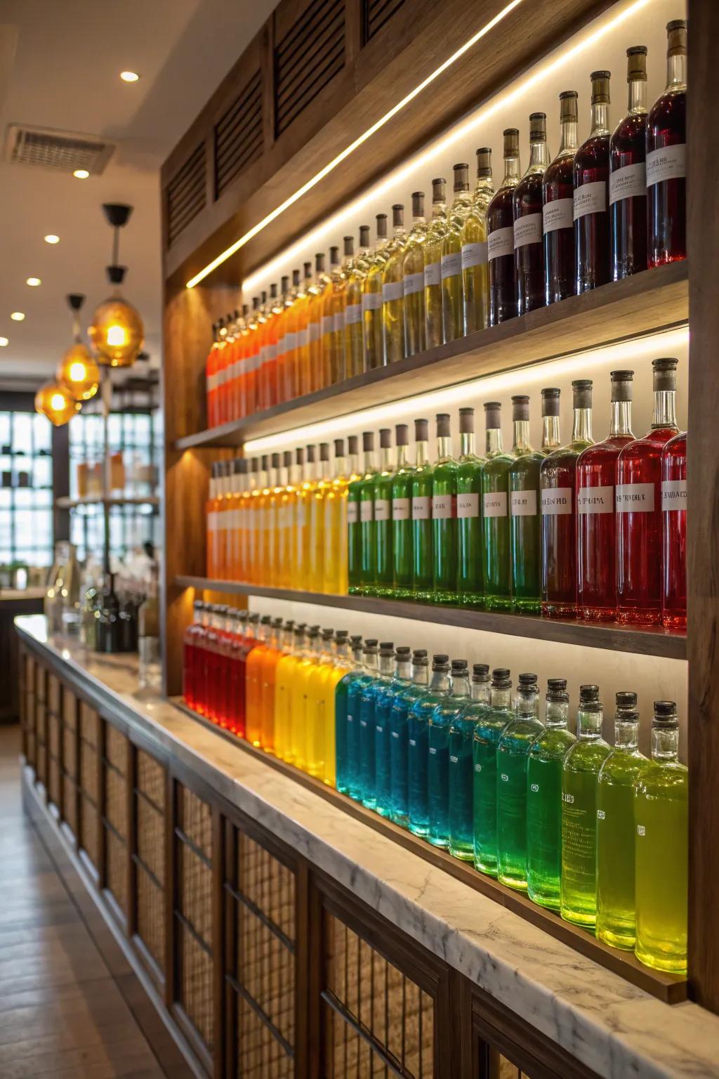 Chromatic shelves offer a visually stunning display.
