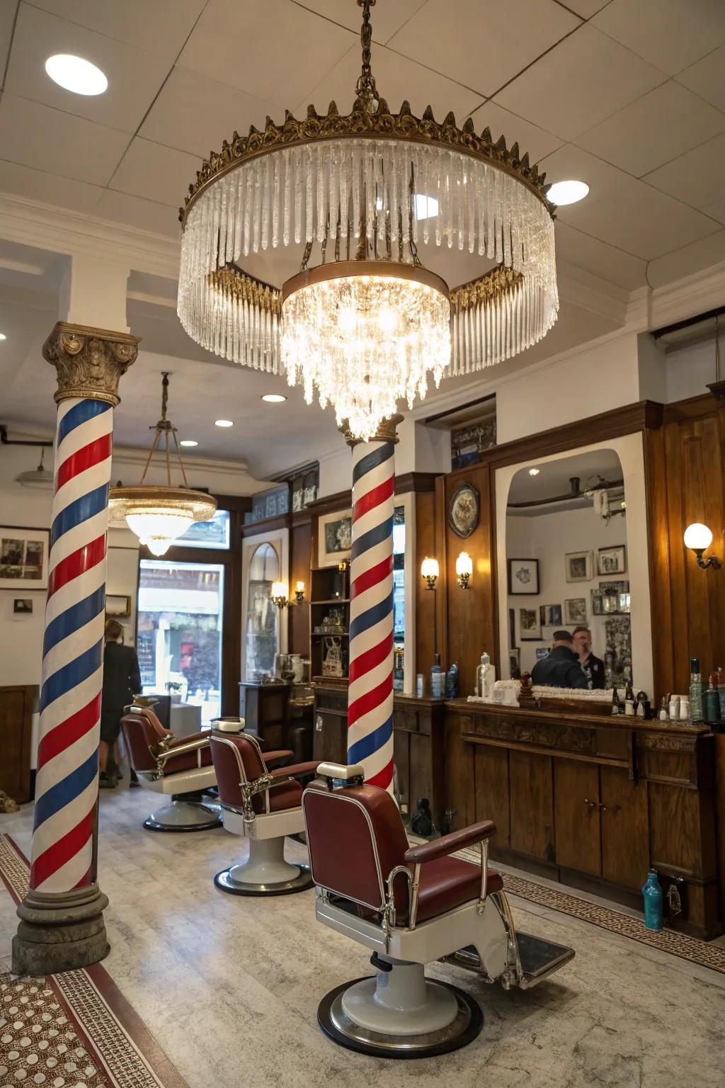 A striking candelabra serving as a bold centerpiece in a barbershop.