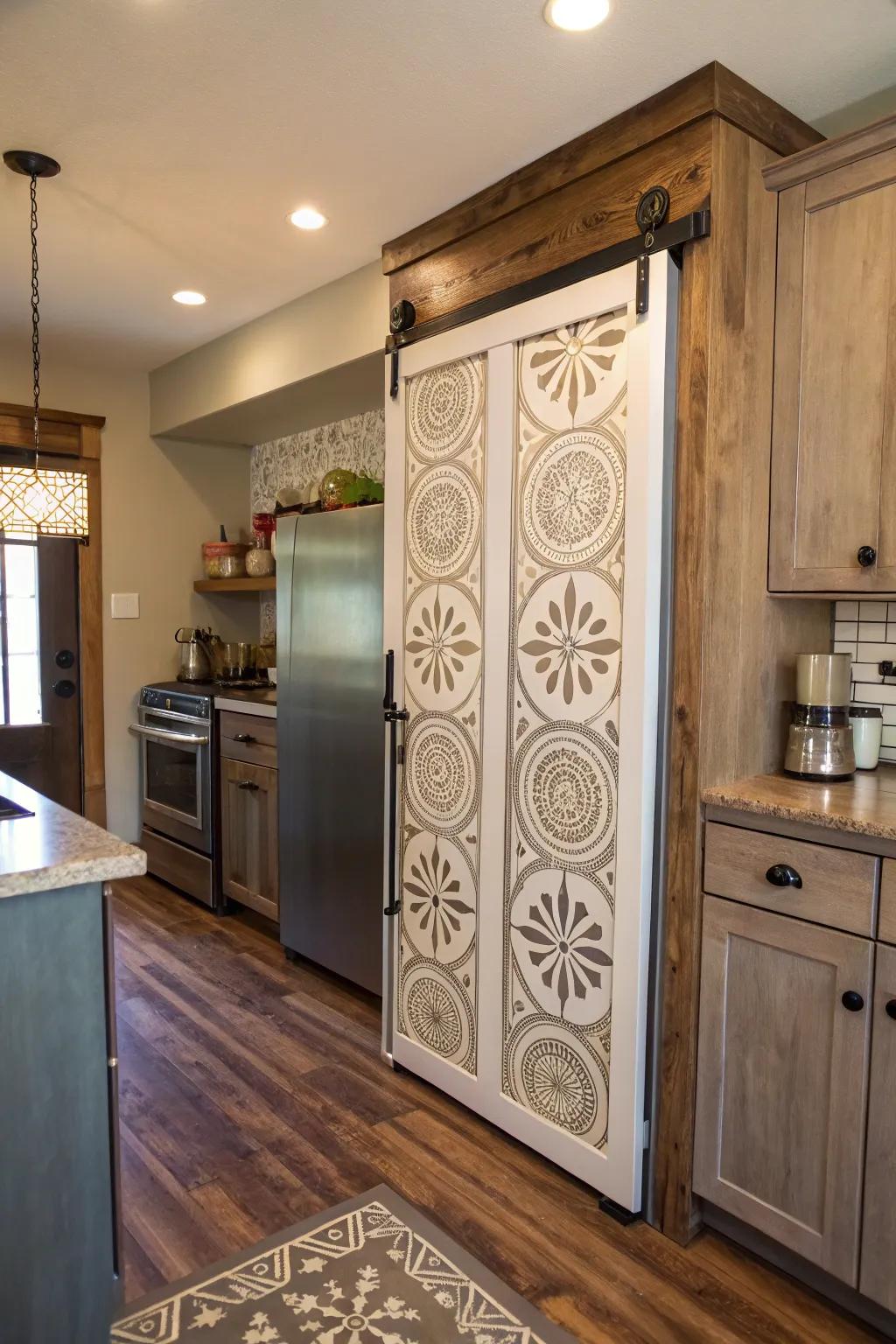 A culinary space showcasing a sliding barn aperture delineated by the pantry, featuring stenciled patterns.