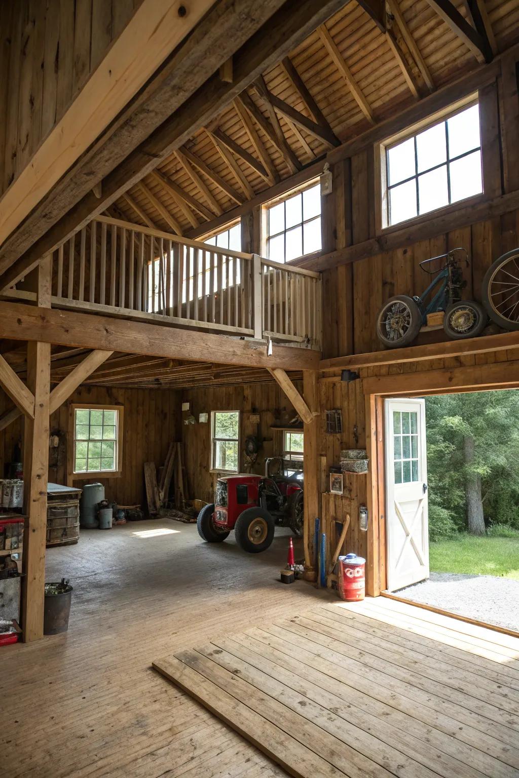 This barn garage has a loft that maximizes space and offers storage or living options.