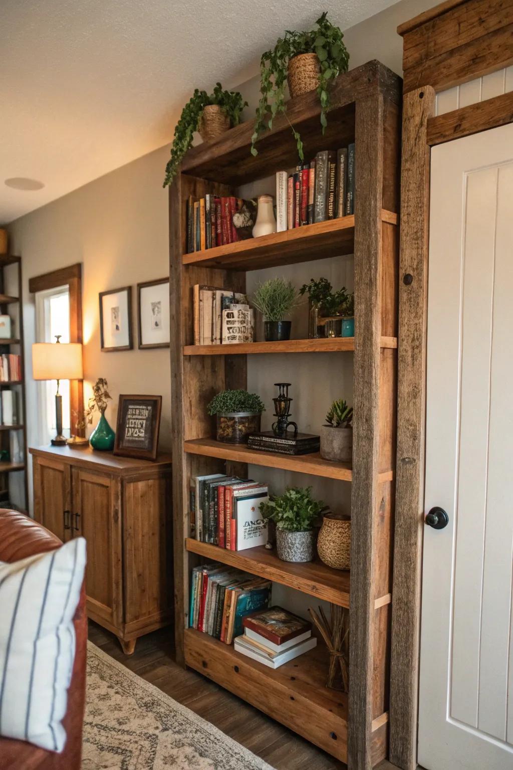 Append functional aesthetic through barn wood shelves.
