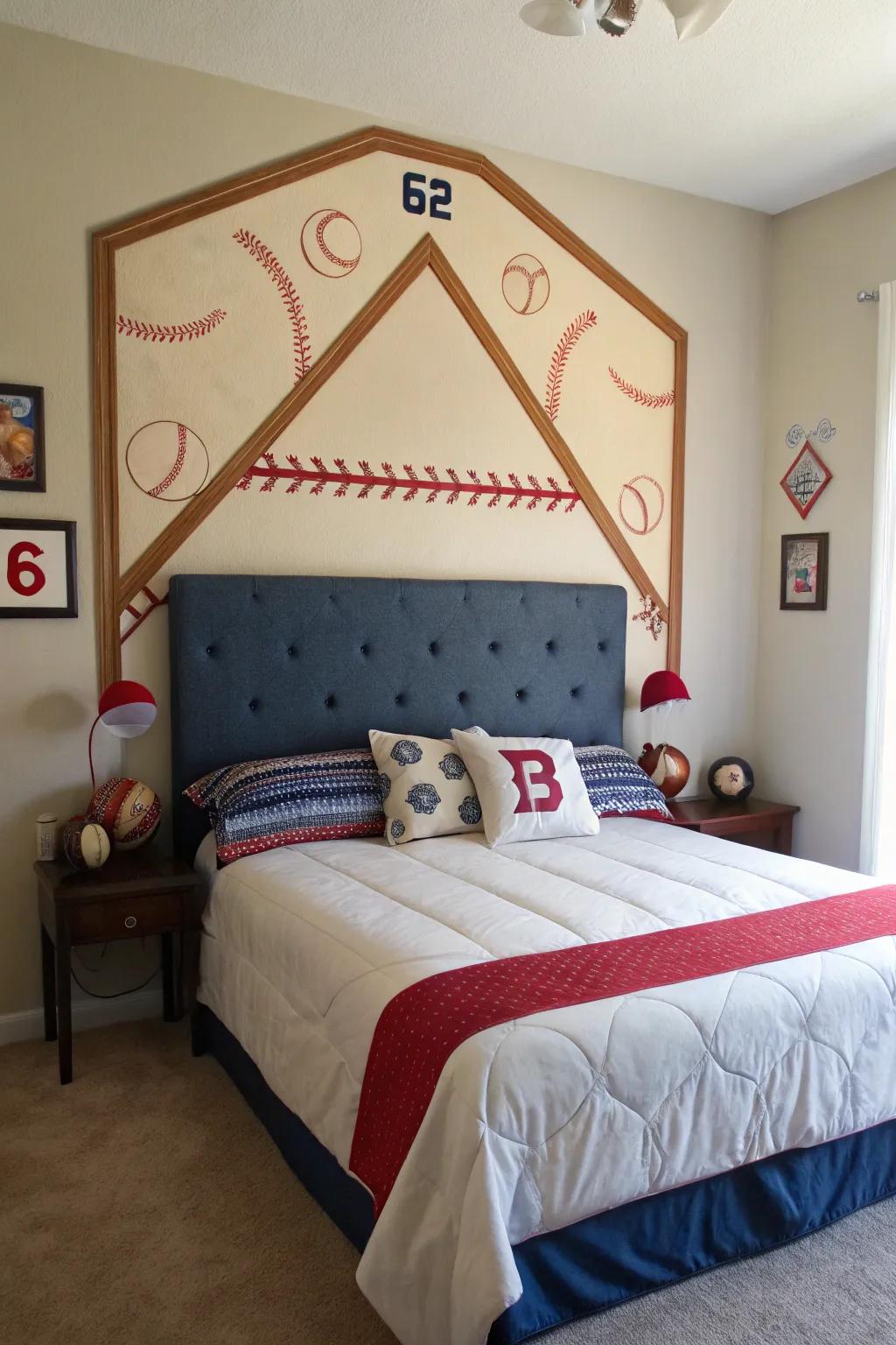 A home plate headboard introduces a lively and exceptional focal point for the interior.