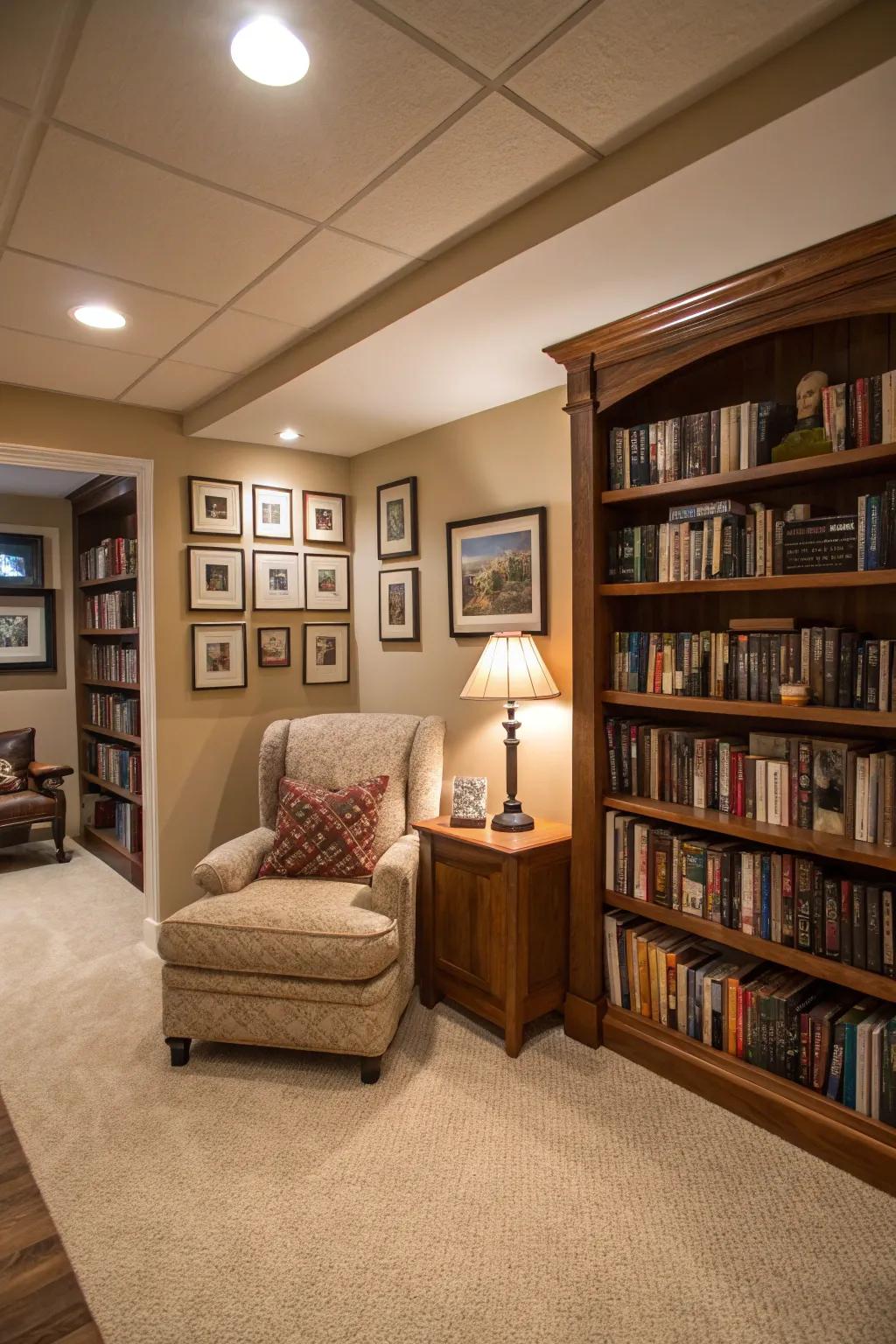 A reading alcove provides a snug escape within this inviting basement.