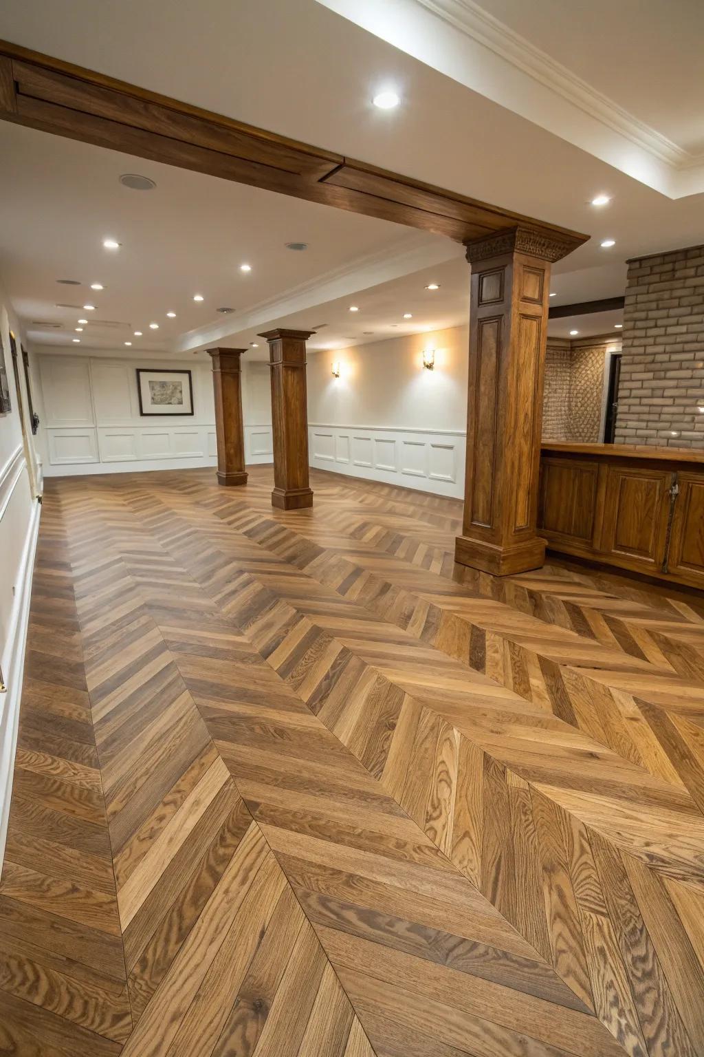 Parquet oak flooring adds dynamic beauty to your basement.