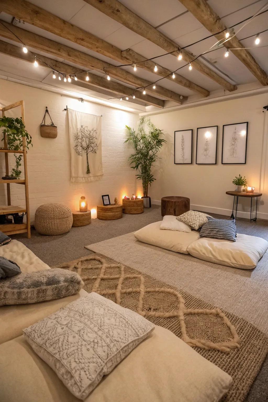A peaceful basement tranquil sanctuary featuring serene decoration.