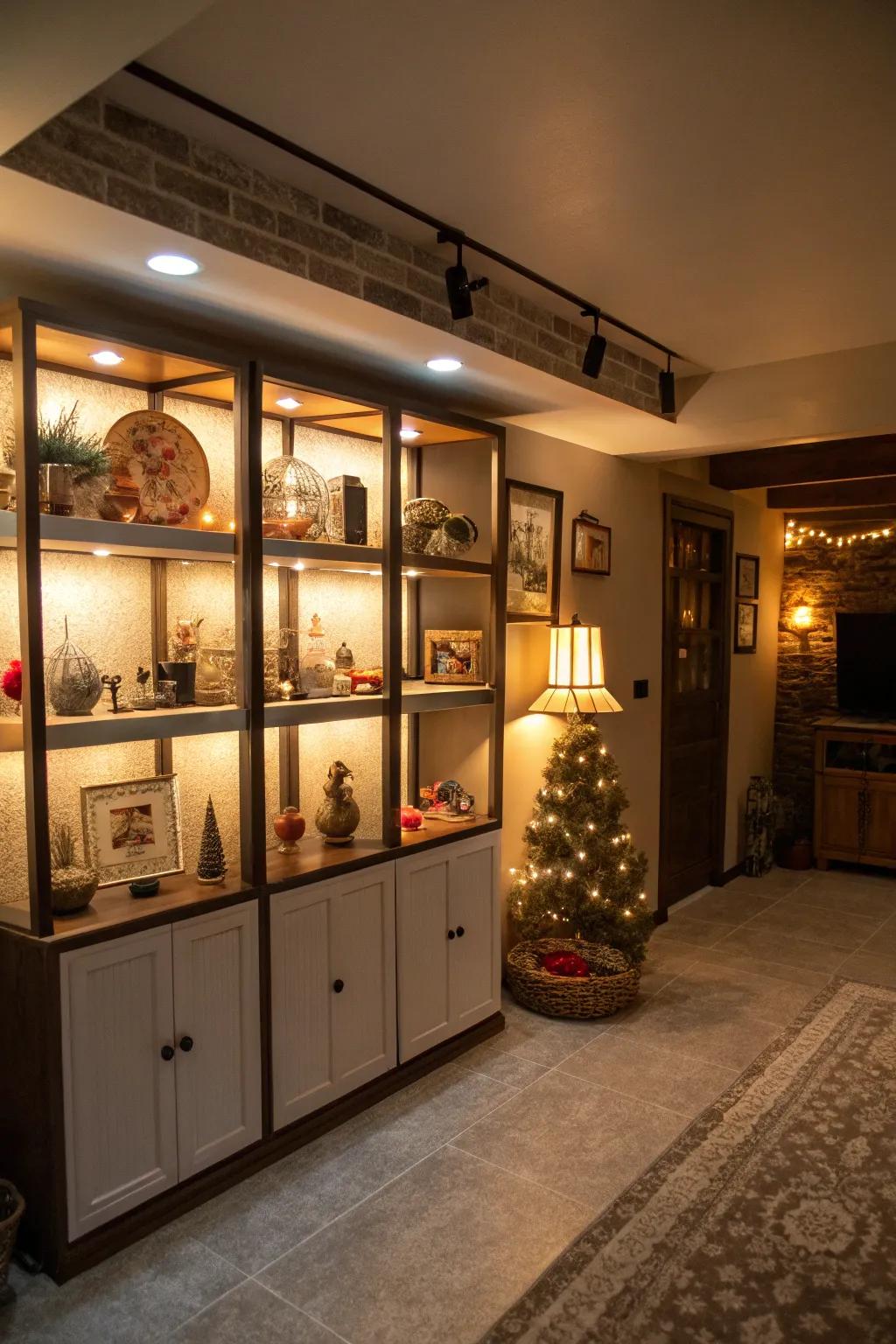 Your basement décor gains drama and warmth with backlit shelving.