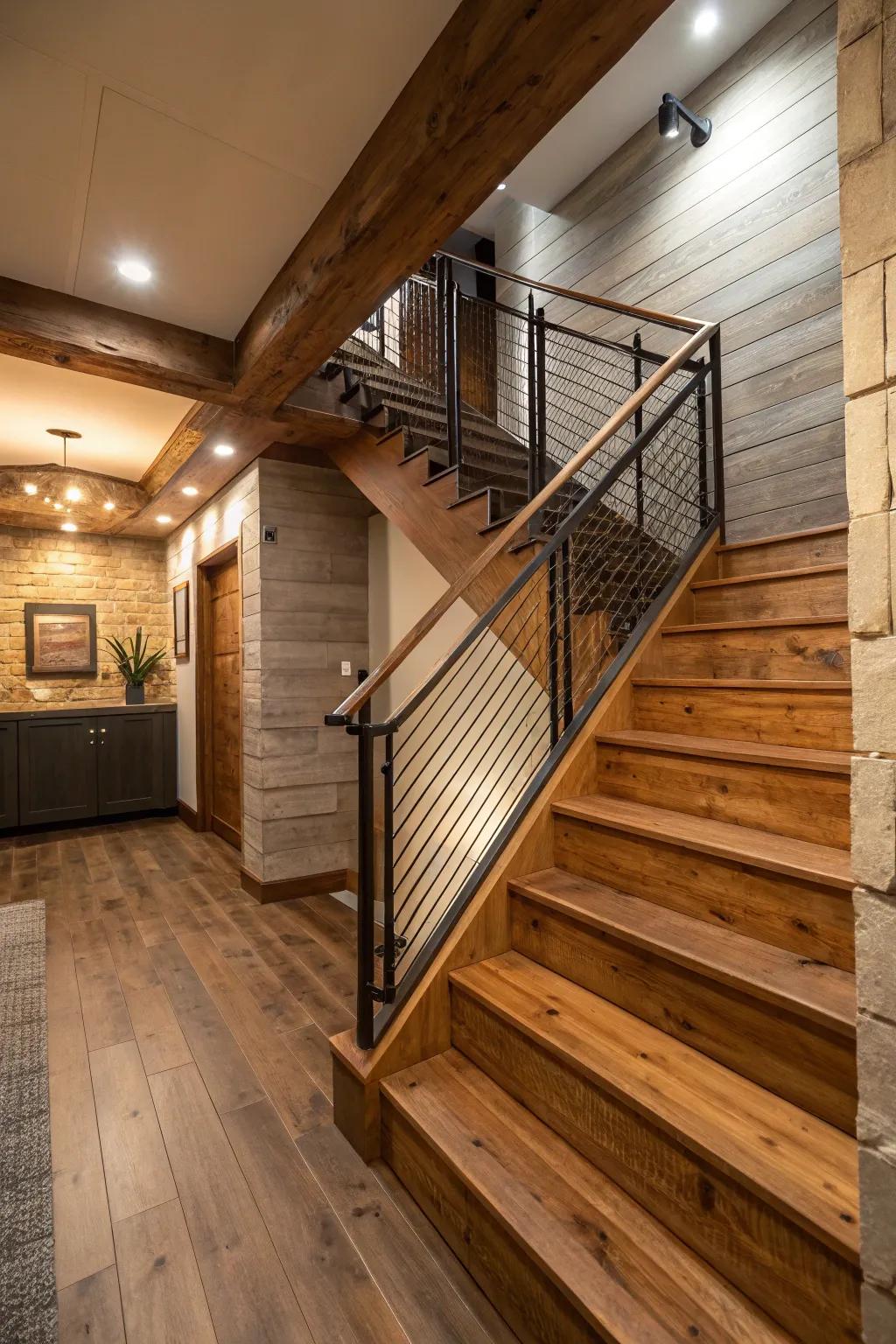An amalgamation of wood and metal fashions a harmonious and chic stairway.