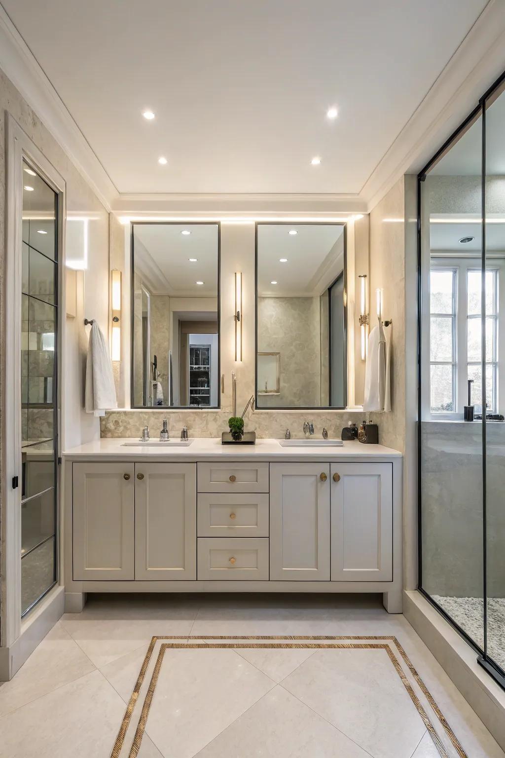 Mirrored cabinets enhance light and create the illusion of space.