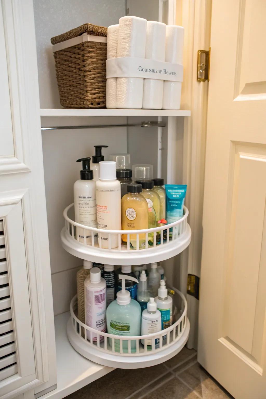 A rotating organizer enables effortless access to stored objects.